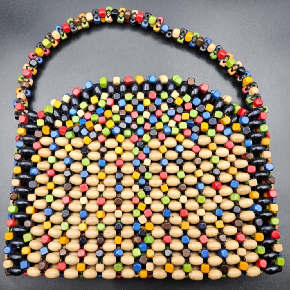 🌼 Antique Czech 1930's multicoloured wooden beaded bag